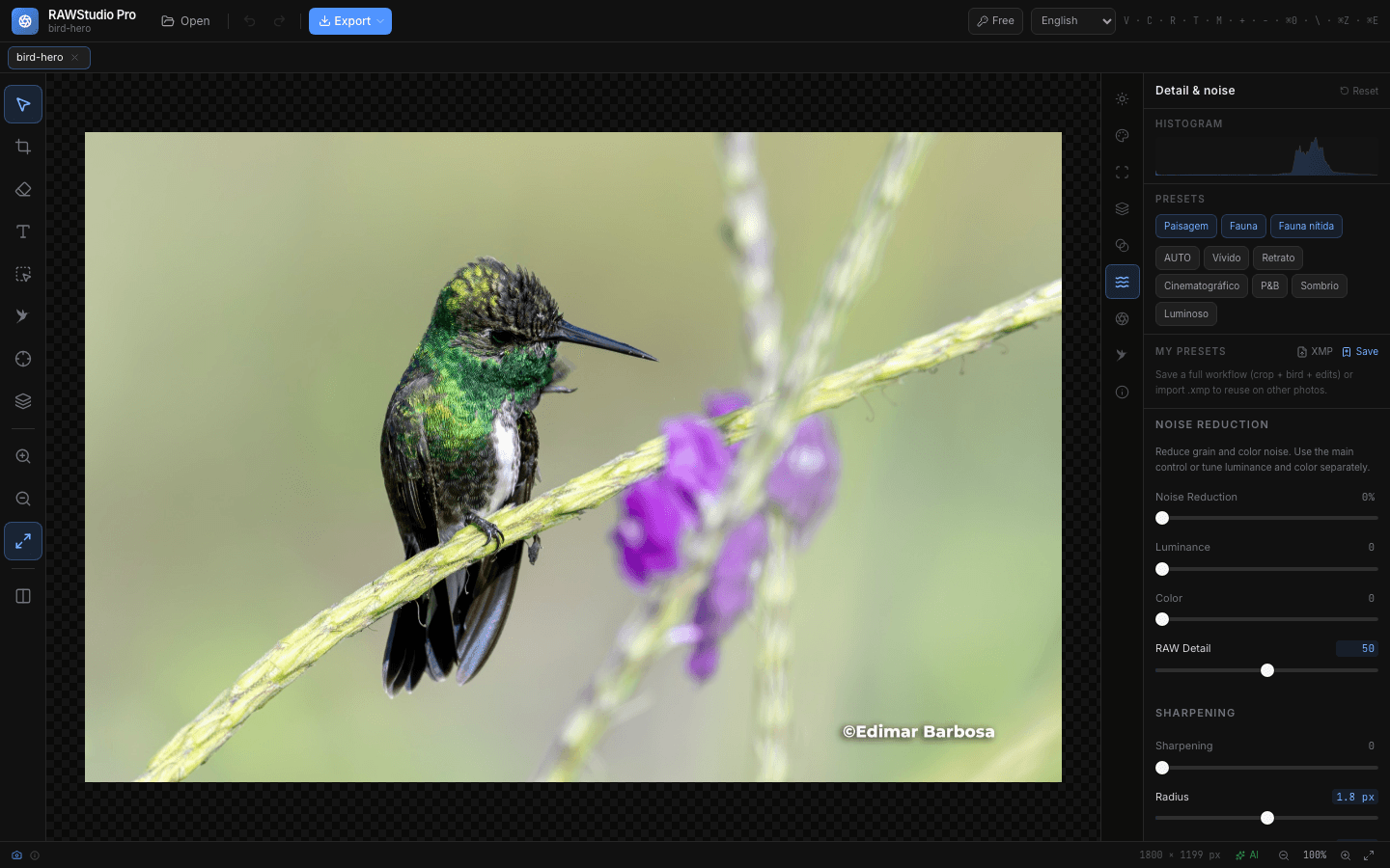 RAWStudio Pro com presets Fauna e Fauna nítida